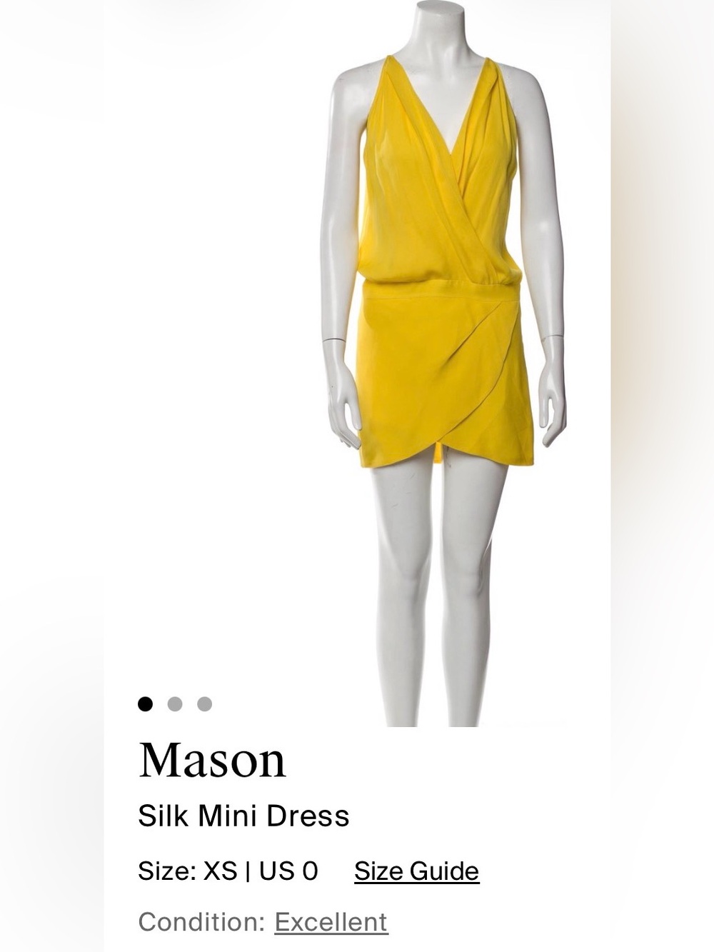 Mason Yellow 100% Silk Wrap Mini Dress | Sleeveless V-Neck | Size S